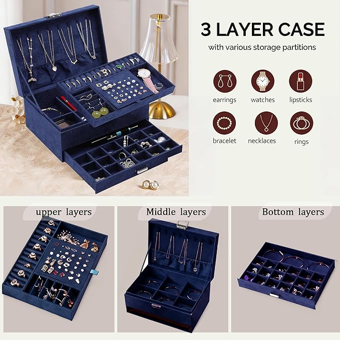 Jewelry Organizer Box for Women Girls, VintageJewelry Box 3-Tier Jewelry Display Case and Organizer,Lockable Jewelry Display Case Anti Tarnish,Varying Compartments for Bracelets, Rings (Blue)