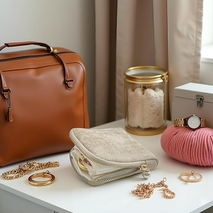 Small Travel Jewelry Case - Jewelry Travel Organizer Bag with Tassel Zipper for Bracelets, Necklaces, Bangles, Jewelry Organizer Storage Bag Gift for Women Girls - LJB002-Beige