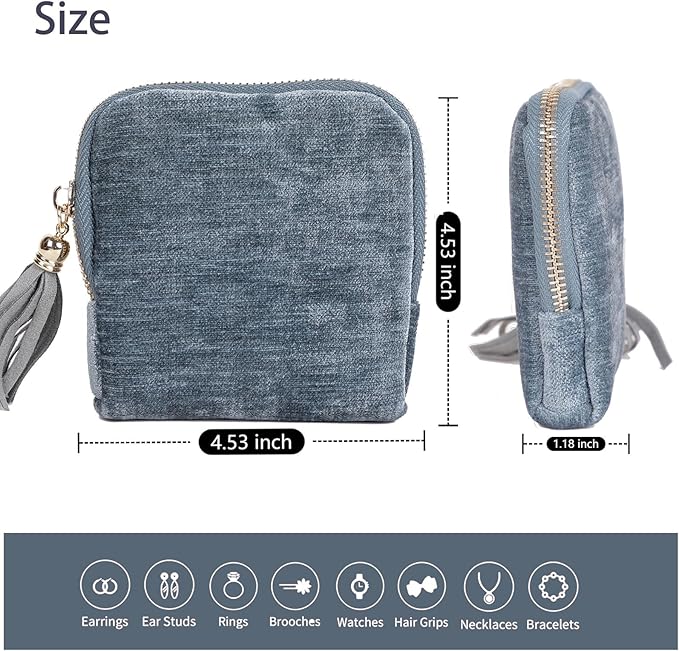 ASINGYER Travel Jewelry Storage Bag for Women, Velvet Portable Jewelry Organizer with Tassel Zipper, Small Pouches for Bracelets Necklaces Rings Earrings, Wedding Gift for Women (Blue)