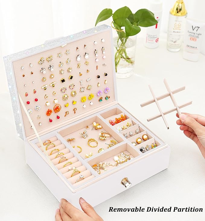 QBestry Jewelry Box for Earrings, Teen Girls Jewelry Organizer Box Earring Holder Organizer for Girls Jewelry Box Stud Earring Organizers for Girls Earrings Jewelry Boxes for Women Bling