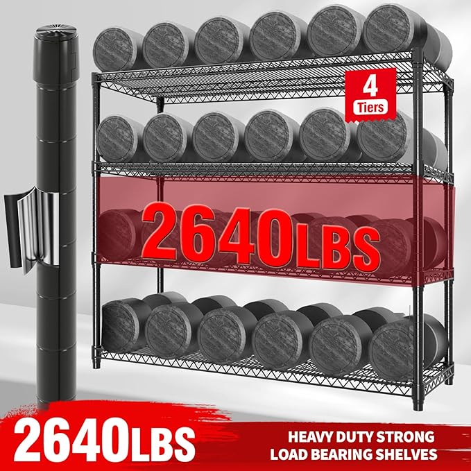 Garvee 4-Tiers Storage Shelves Heavy Duty Garage Shelving Units with Wheels 59" W x 71.8" H, 2640LBS Rolling Wire Shelving Rack, Adjustable Shelf for Garage Kitchen Warehouse Industrial Pantry