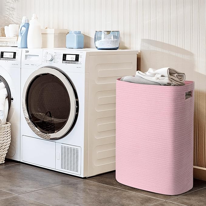 MEGASKET Large Laundry Hamper 16"x13"x22" - Tall Woven Laundry Basket, Cotton Rope Dirty Clothes Hamper, Baby Kids Nursery Wicker Laundry Basket, Bedroom Aesthetic, Soft Laundry Bin, Pink Hamper, 75L