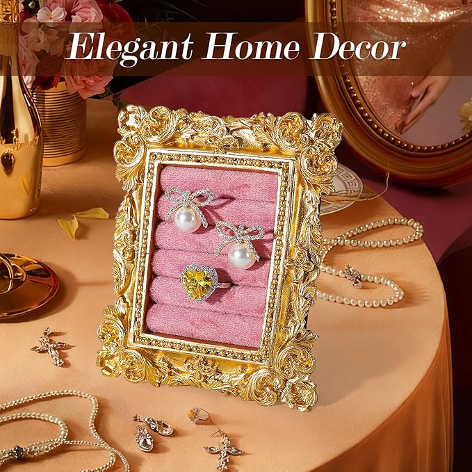 Vintage Ring Holder Rectangle Gold Velvet Display Stand - Baroque Jewelry Organizer Box Tray for Wedding Engagement Anniversary Women Birthday Christmas Gift Photograph Prop (MPF05-Gold Pink)
