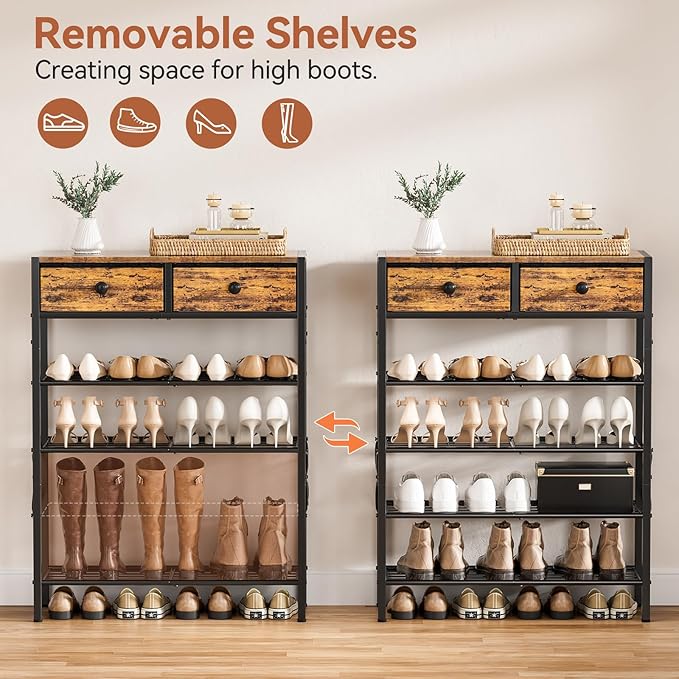 Shoe Rack for Entryway, 5 Tier Shoe Organizer with 2 Non-woven Drawers, Metal Storage Shoe Shelf for 16-20 Pairs of Shoes, with Wooden Top and Steel Frame, Shoe Stand for Closet Rustic Brown