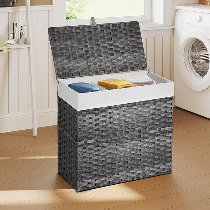 Greenstell Laundry Hamper with Lid, 125L Wicker Laundry Baskets with 2 Removable Liner Bags & 5 Mesh Laundry Bags, Handwoven Rattan Clothes Hamper with Handles for Clothes in Bathroom, Bedroom