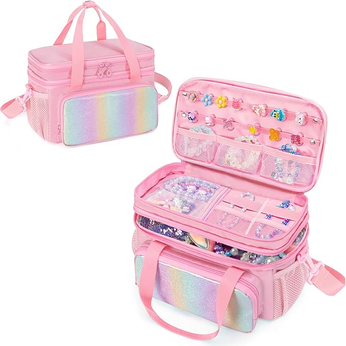 GRAOSO Double Layer Jewelry Organizer Storage for Kids Girls, Travel Jewelry Case Bag, Portable Jewelry Box with Handle and Detachable Shoulder Strap for Necklaces, Earrings, Rings, Pink (Case Only)
