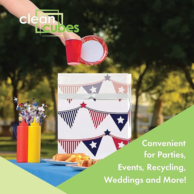 Clean Cubes 13 Gallon Disposable Pop-Up Trash Cans (3-Pack) with Fitted Bags – Foldable Garbage & Recycling Bins for Parties, Events & Kitchen (USA Flag, 17" H x 13.5" W x 10" D)