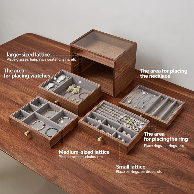 Black Walnut Jewelry Organizers and Storage,4 Layer Wooden Jewelry Boxes for Women,for Necklaces Ring Earring (4 Layer)