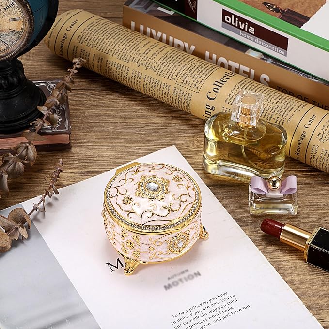 Hipiwe Metal Jewelry Box Small Treasure Chest Box Vintage Round Trinket Organizer Ring Holder Enameled Jewelry Box for Earrings Necklace Holder Gift for Birthday Christmas,Home Decor,Beige