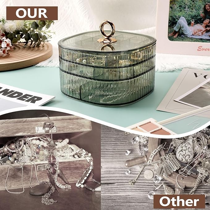 Sunkaioo Earring Organizer,Stackable 3-Layers Clear Jewelry Box with Lid,Stud Earring Organizer for Women Girls,Earring Box Display Holder for Earrings Ring Studs Bracelet Necklace Crafts(Light Green)
