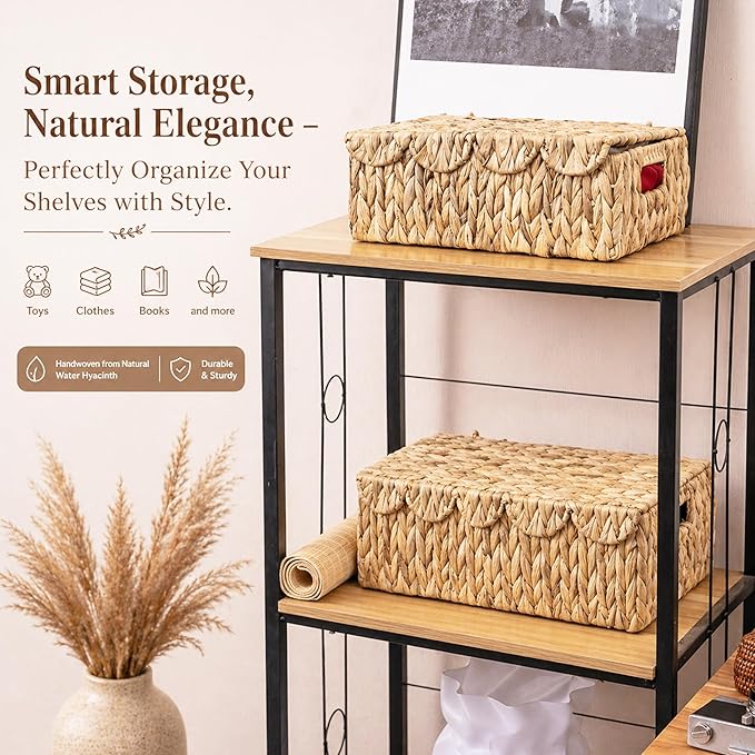 LUSYDECO Set of 2 Scalloped Edge Wicker Basket with Lids, Rectangle Wicker Storage Basket with Built-in Handles, Multipurpose Organizer Rattan Display Boxes for Shelf, Nursery Room