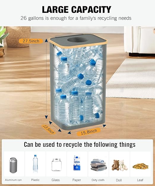 Recycling Bins for Kitchen, 26 Gallon (100L) Recycle Bin with lid, Indoor Oxford Fabric Recycling Trash Can with 2 Pack Removeable and Reusable Inner Bags for Bottle Can Glass Plastic Sticker, Grey