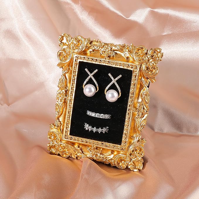 Vintage Ring Holder Rectangle Gold Velvet Display Stand - Baroque Jewelry Organizer Box Tray for Wedding Engagement Anniversary Women Birthday Christmas Gift Photograph Prop (MPF05-Gold Black)