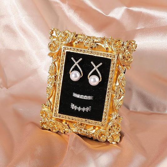 Vintage Ring Holder Rectangle Gold Velvet Display Stand - Baroque Jewelry Organizer Box Tray for Wedding Engagement Anniversary Women Birthday Christmas Gift Photograph Prop (MPF05-Gold Black)