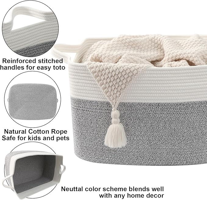 96L Large Blanket Basket,24"x16"x15"Rectangle Storage Bin with Handles,Woven Rope Laundry Basket for Toys, Clothes,Magazines,Home Organization,Nursery,Living Room & Bedroom,White&Grey