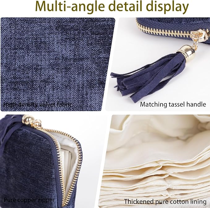 ASINGYER Travel Jewelry Storage Bag for Women, Velvet Portable Jewelry Organizer with Tassel Zipper, Small Pouches for Bracelets Necklaces Rings Earrings, Wedding Gift for Women (dark blue)
