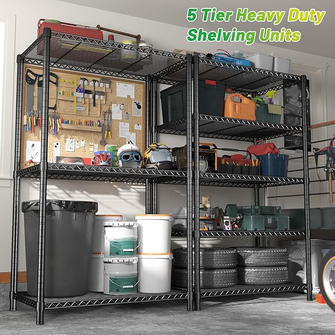 REIBII 72''H Metal shelving 5 Tire Storage Shelves for Garage Shelving Adjustable Wire Shelving Rack Heavy Duty Shelving Unit for Kitchen, Pantry, Laundry Room, Garage, Commercial, 72''H X36''W X14''D