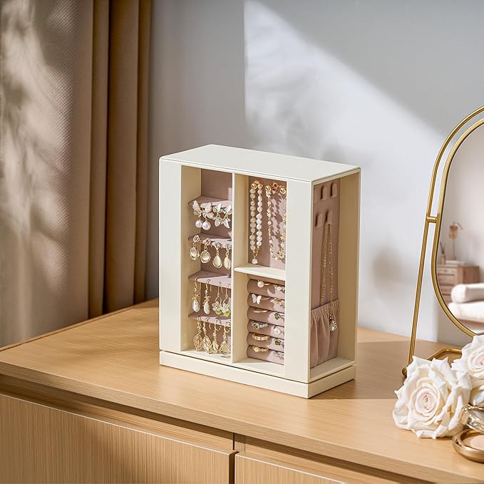 Jewelry Box Organizer for Women: 360 Rotating Vertical Storage Case, Ivory Leather with Pink Velvet, Ring Necklace Bracelet Holder, Gift Decor, 10 x 8.7 x 3.9 in