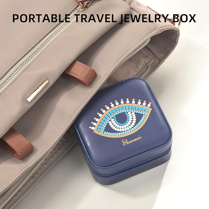 shunmei Mini Travel Jewelry Box,PU Leather Portable Jewelry Organizer Case,Art Accessories Storage Holder Boxes for Earring, Necklace, Rings, Bracelets (Blue Eyes)