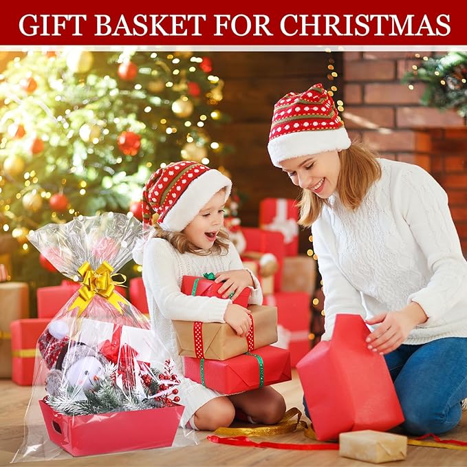 AFOROEOA 6PACK Red Baskets For Gifts Empty, 10x12”Thick Gift Basket with 6Bows 6Bags Empty Gift Baskets for Christmas, Easter, Birthdays, Valentine’s Day Wrapping Gift