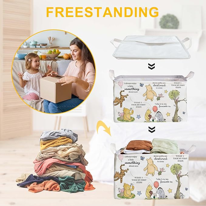 Winnie Storage Basket, The Pooh Nursery Baby Stuff, Winnie Nursery Storage Baske Storage Basket With A Waterproof PE Coating, Foldable Large Canvas Laundry Hamper Suitable For Bathroom and Bedroom