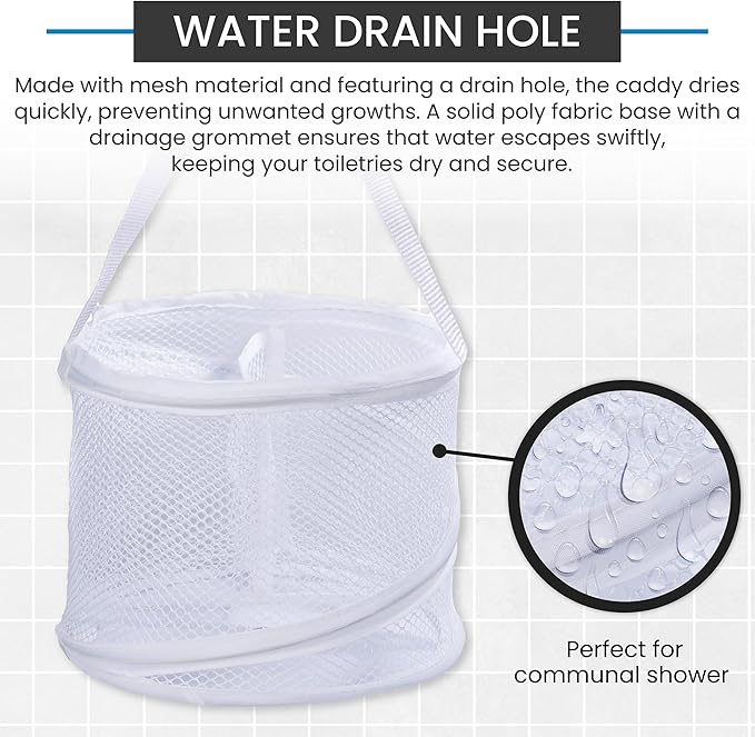 Handy Laundry Portable Shower Caddy – Collapsible Mesh Organizer with Handle, Quick Dry Drainage, Large Compartments for Dorm, Gym, Travel, College Essentials, White
