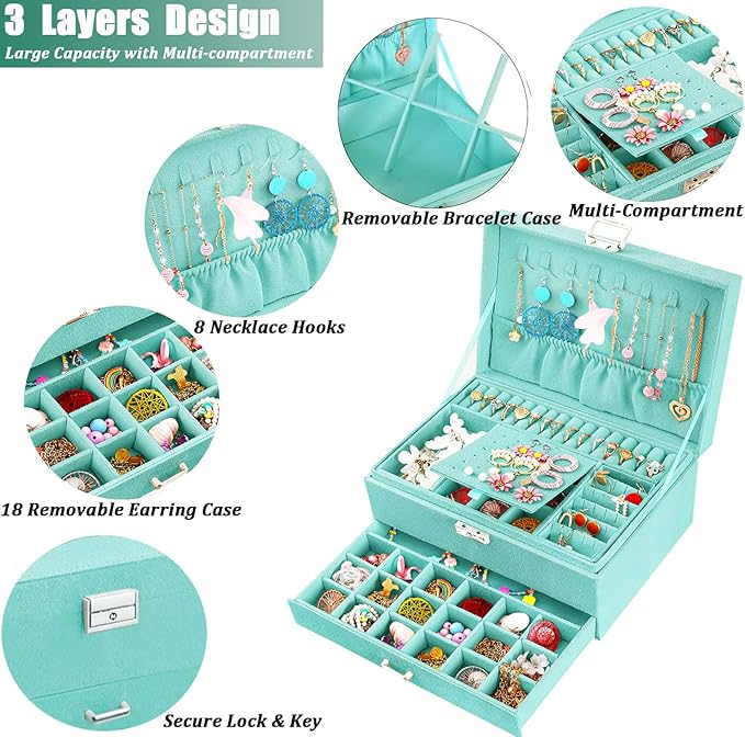 QBestry 3-Layer Jewelry Box for Girls & Teens with Lock and Key, Large Jewelry Organizer with 8 Necklace Hooks & 56 Earring Holes, Teal Velvet Jewelry Storage Box for Necklaces Earrings Rings Bracelet