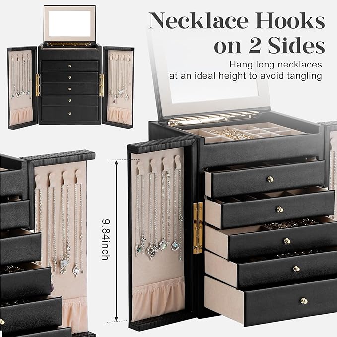 Dajasan Large Jewelry Organizer Box with 5 Drawers, Jewelry Box for Women, 6-Tier Jewelry Storage Organizer with Mirror for Necklace Ring Bracelet Watch, Gift Idea (Black)