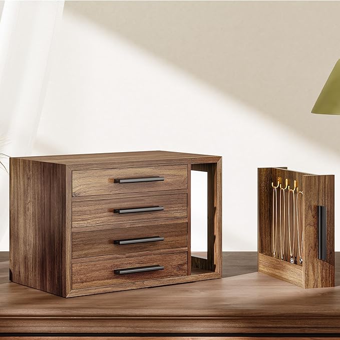 HOOBRO Jewelry Box for Women, Wooden Jewelry Organizer with Transparent Window, 4-Layer Jewelry Organizer Box, Jewelry Holder Organizer for Earrings, Necklaces, Rings, Walnut and Black BH09JB04