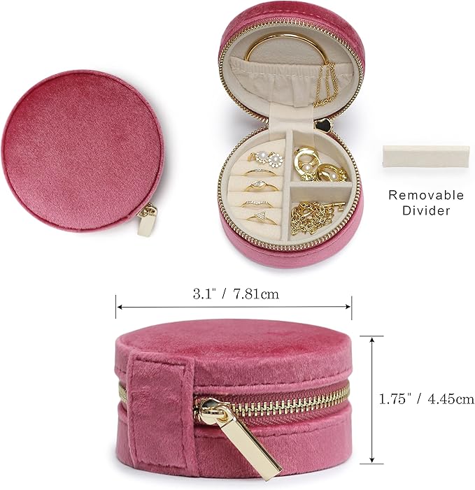 BLUTETE Velvet Travel Jewelry Case Small Round Travel Jewelry Organizer Jewelry Accessory Storage Case Gift Jewelry Box (Berry Pink/Round)