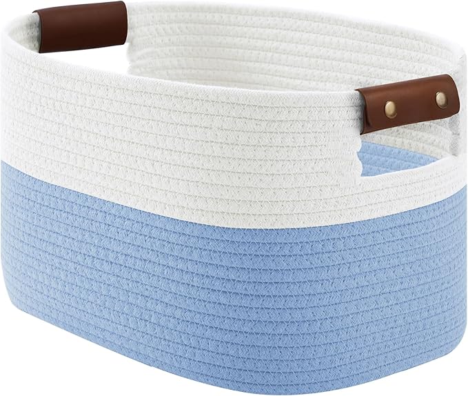 ECDYQXVU Cotton Rope Basket, Storage Baskets with Handle, 15x10x9 Inch Woven Basket for Shelves, Laundry, Towels, Clothes, Books (White/Blue 1Pack)