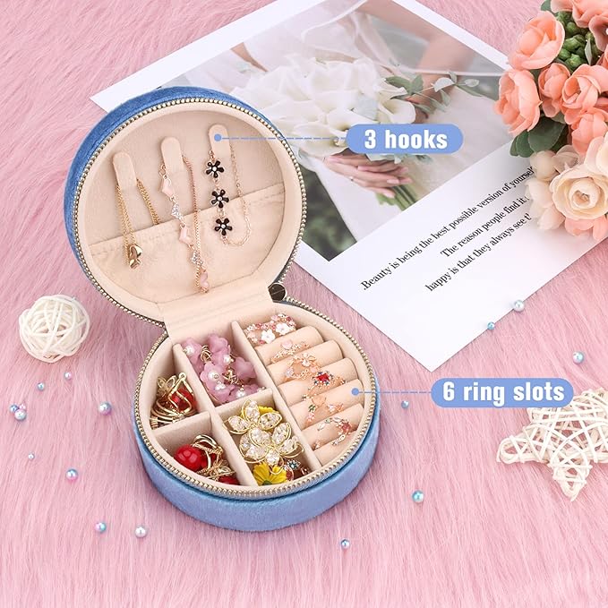 DesignSter Travel Jewelry Box - Velvet Mini Jewelry Organizer, Small Jewelry Case for Girls Women, Jewelry Storage Box for Rings Earrings Necklace (Circular, Blue Fog)