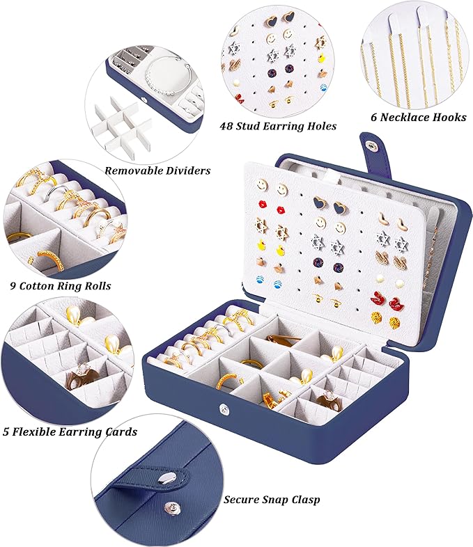 QBestry All-in-One Travel Jewelry Organizer for Women Navy | Small Jewelry Box with 68 Earring Holes | Compact Portable Jewelry Case for Earrings, Rings, Necklaces | Perfect Gifts for Mom Wife Girls