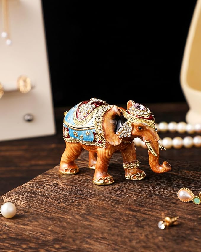 Hand Painted Trinket Box Enamel Vintage Jewelry Box Elephant Hinged Metal Jewelry Organizer Decorative Treasure Box Unique Gifts for Animal Lover