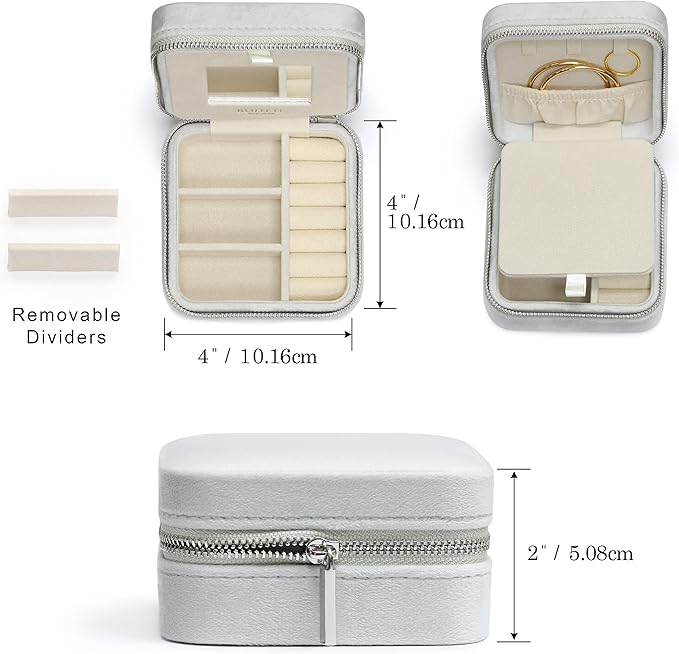 BLUTETE Travel Jewelry Box Organizer Velvet Travel Case With Mirror Rings Earrings Necklaces Storage Organizer Box (Milky Grey)