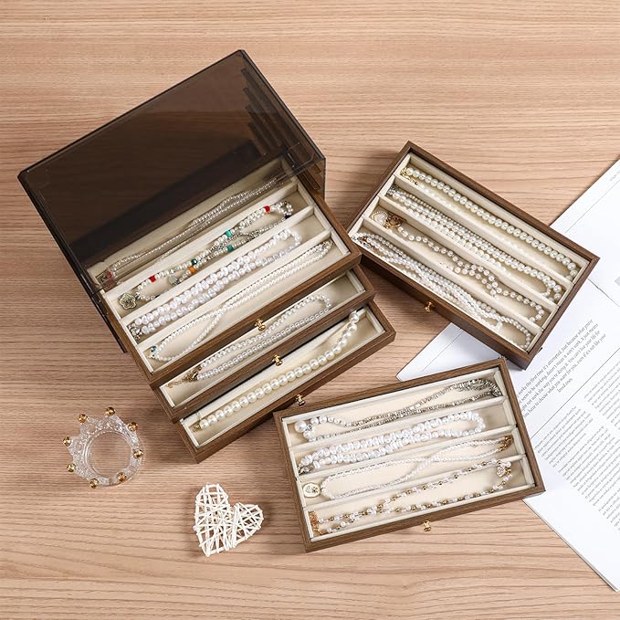 CLUQMEIK 5 Layer Necklace Jewelry Box, Vintage Wooden Jewelry Box with Acrylic Cover Stackable Necklace Storage Organizer for Women and Girls to Storing Necklaces