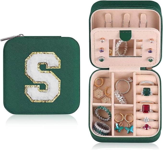 ETHOON Jewelry Travel Case Small Organizer Stocking Box Personalized Gifts Teenage Jewelry Accessories Holiday Christmas Gift for Women Green, Letter S