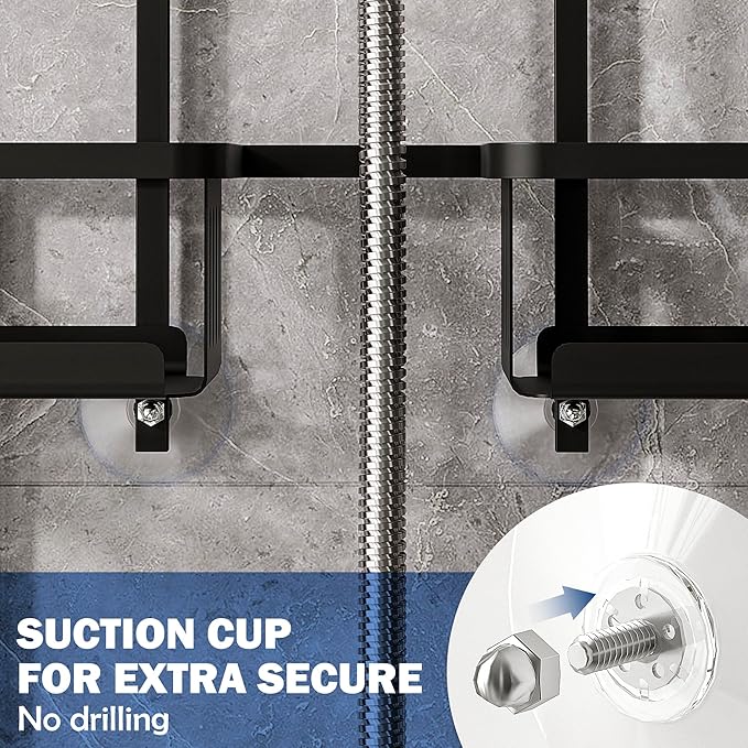 Aluminum Shower Caddy Hanging for Handheld Showerheads, Never Rust Shower Organizer with Hooks Holder Toothbrush Holder，Over Showerhead Caddy for Bathroom, Black