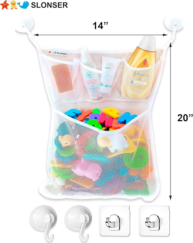 Bath Toy Storage Organizer – Large Mesh Bath Toy Holder & Bath Toy Net for Tub, Quick Dry Bathtub Bag with 2 Strong Suction Cups, 2 Adhesive Hooks, Quick-Dry Hanging Shower Cubby Basket, 14x20 Inch