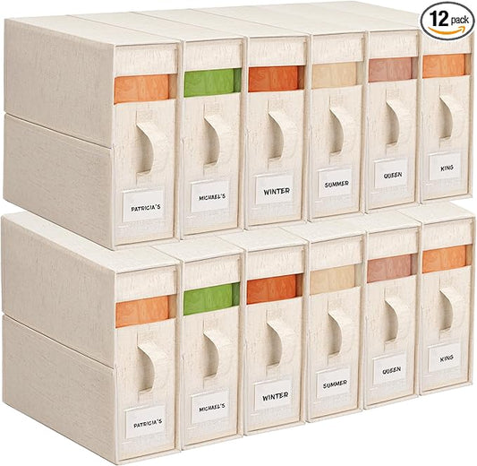 12Pack Linen Sheet Organizers for Linen Closet - King/Queen Size Bedding Storage Boxes with Clear Window | Foldable, Dustproof Sheet Storage Organizer for Blankets & Sheet Sets,Off-white