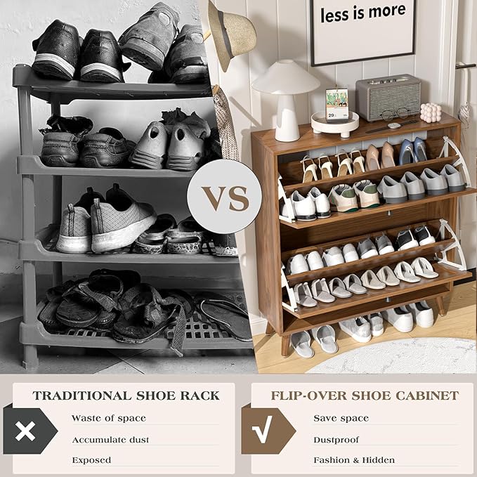 Fsbecl Shoe Storage Cabinet for Entryway with 2 Flip Drawers, Narrow Wood Shoe Cabinet with Fluted Panel, Freestanding Hidden Shoe Organizer for Foyer, Hallway (Walnut)