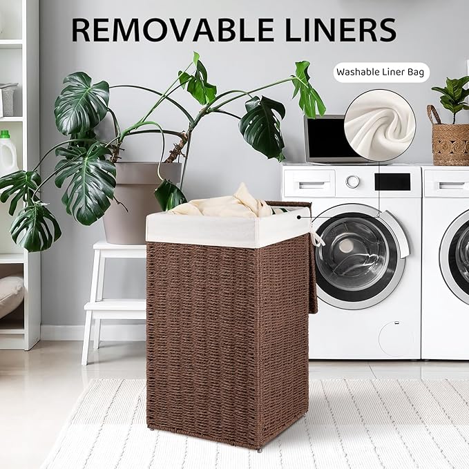 OIAHOMY Laundry Hamper with Lid, 65L(17.2 Gal) Large Wicker Laundry Basket for Bedroom, Handwoven Paper Rope Clothes Hamper with Washable Liner & Metal Frame, Decorative organizer for Bathroom Brown