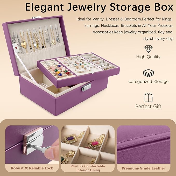 Homeanda Jewelry box 2 layer Jewelry box Leather Jewelry boxes for Women Girls Teens Jewelry organizer box Jewelry Storage box with lock(Purple)