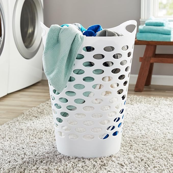 2 BUSHEL Flexible Laundry Basket,Tall plastic hamper for Clothes, Bedroom, and Storage - Portable Round Bin with Carry Handles 17.75" x 17.25" x 26", White (3)