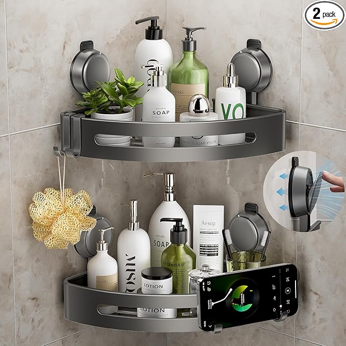 ONXE Corner Shower Caddy Suction Cup,Shower Shelves with Hooks,No Drilling Powerful Upgrade Suction Bathroom Corner Organizers and Storage,Removable Waterproof Rustproof Shower Shelf Bathroom Decor