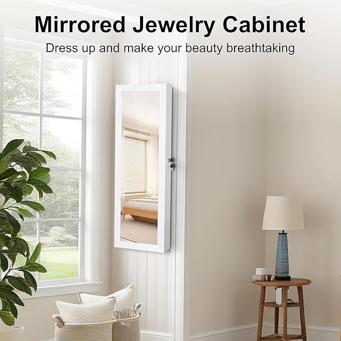 Mirror Jewelry Cabinet, Wall/Door Mounted Jewelry Armoire with Full-Length Mirror, Hanging Jewelry Organizer with LED Interior Lights, White