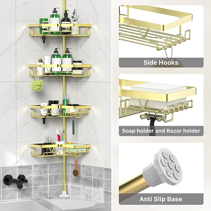 DAOYA Shower Caddy Tension Pole with 2 Soap Holders, Adjustable Corner Shower Caddy, Gold Finish, Expandable 25-114.2 Inches for Bathtub Corner, Bathroom Storage Organizer