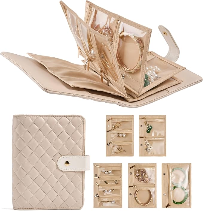 PU Leather Jewelry Binder Organizer Box - Bracelet Earring Rings Necklaces Jewelry Boxes Travel Case with Zipper Velvet Pouch Bags, Gift for Women - Cream White