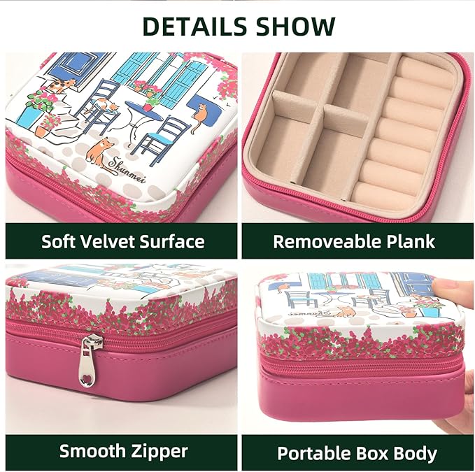 shunmei Mini Travel Jewelry Box,PU Leather Portable Jewelry Organizer Case,Art Accessories Storage Holder Boxes for Earring, Necklace, Rings, Bracelets (Four Cats)