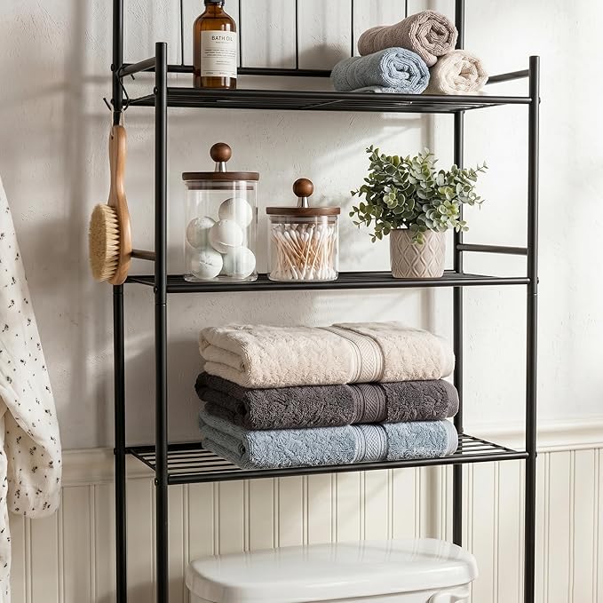 Honey-Can-Do 3-Tier Over-the-Toilet Space Saver Shelf, Black Metal, 23W x 65H x 9.5D in, Freestanding Bathroom Organizer